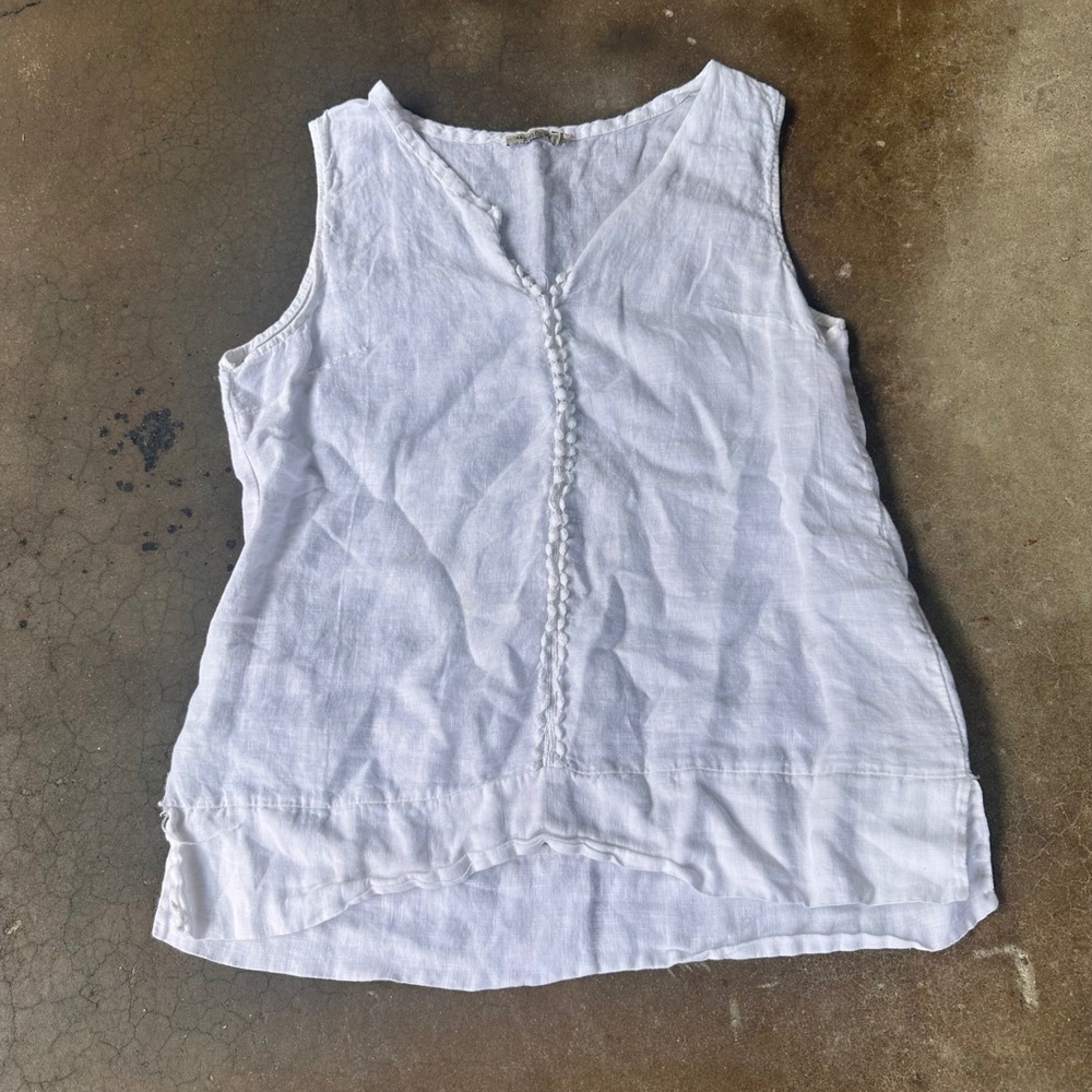 Alessia Pacini Tank Top Womens Medium White Good Linen Pom Pom Trim Italy